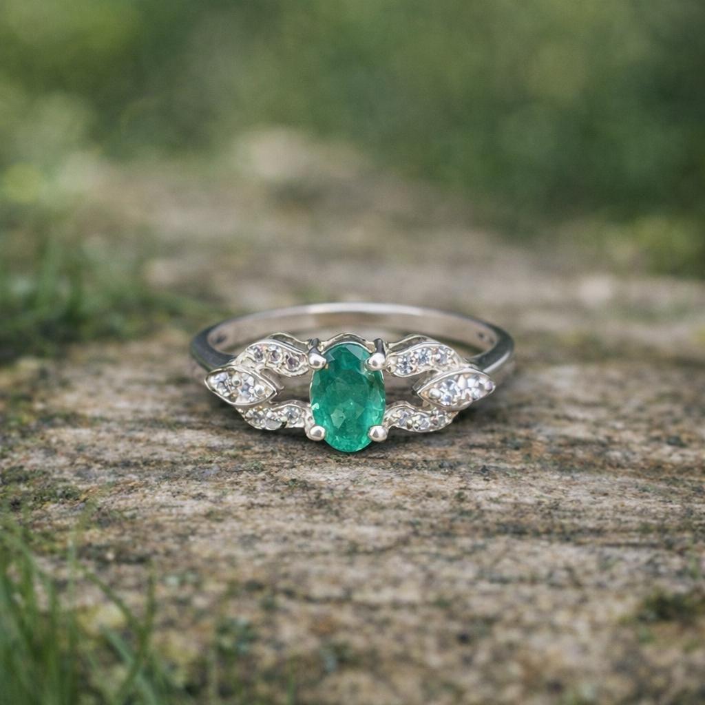 Natural Zambian Emerald Ring- 92.5 Silver Sterling Ring- Oval Cut Gemstone- Everyday Wear Jewellery- Floral Leaf Ring- vintage Emerald Ring - Image 3