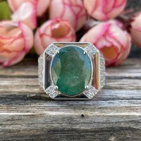 Natural Zambian Emerald Men's Ring- 925 Sterling Silver Ring- Oval Green Gemstone Ring- May Birtstone Jewellery- Statement Ring- Gift Him