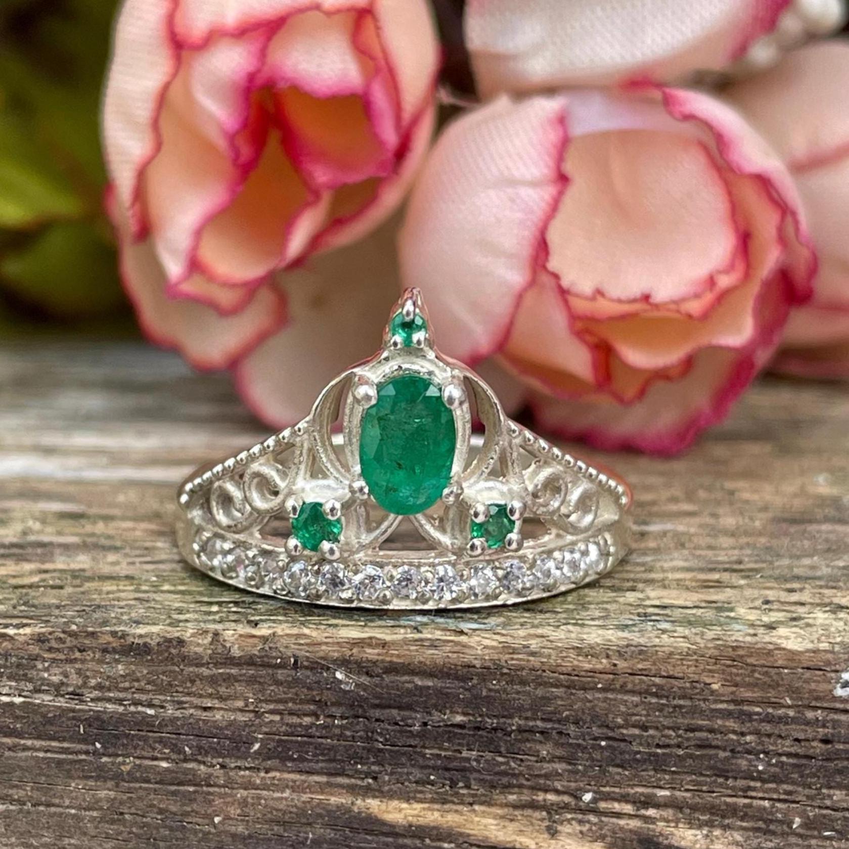 Natural Zambian Emerald Ring 925 Sterling Silver Ring- Elegant Green Gemstone Ring- May Birthstone Jewellery- Vintage Style Engagement Ring - Image 3