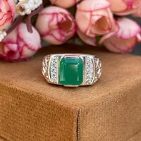 Natural Zambian Emerald Ring For Men- Octagon Cut Green Gemstone Ring- 925 Sterling Silver- May Birthstone Statement Ring- Gift For Him