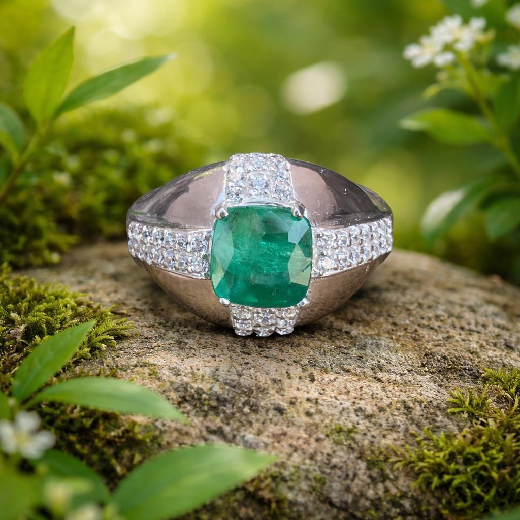 Natural Zambian Emerald Ring For Men- Cushion Cut Green Emerald Ring- 925 Sterling Silver Ring- May Birthstone Statement Ring- Gift For Him - Image 4