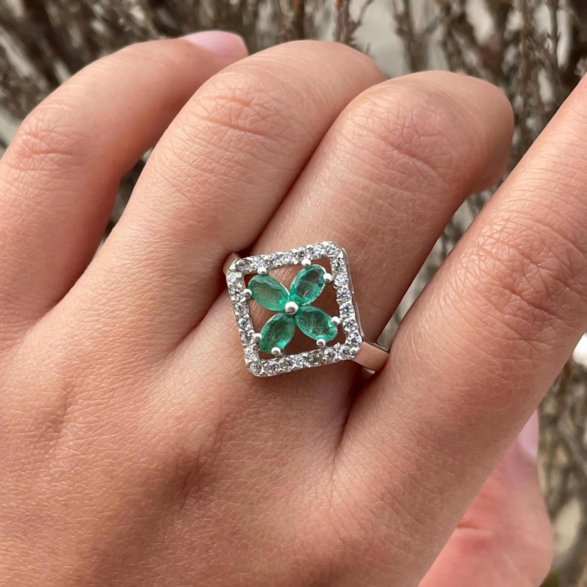 Natural Zambian Emerald Ring 925 Sterling Silver- Emerald Cluster Ring- Square Frame Silver Ring- May Birthstone Jewellery- Anniversary Gift - Image 3