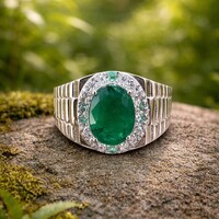 Natural Zambian Emerald Ring For Men- Oval Green 925 Sterling Silver Ring- May Birthstone Statement Ring- Gift For Him