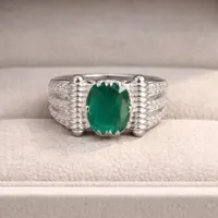 Natural Zambia Emerald CZ Halo Ring For Men- 925 Sterling Silver Ring- Cushion Cut Rich Green Stone Statement Ring- Anniversary Gift For Him