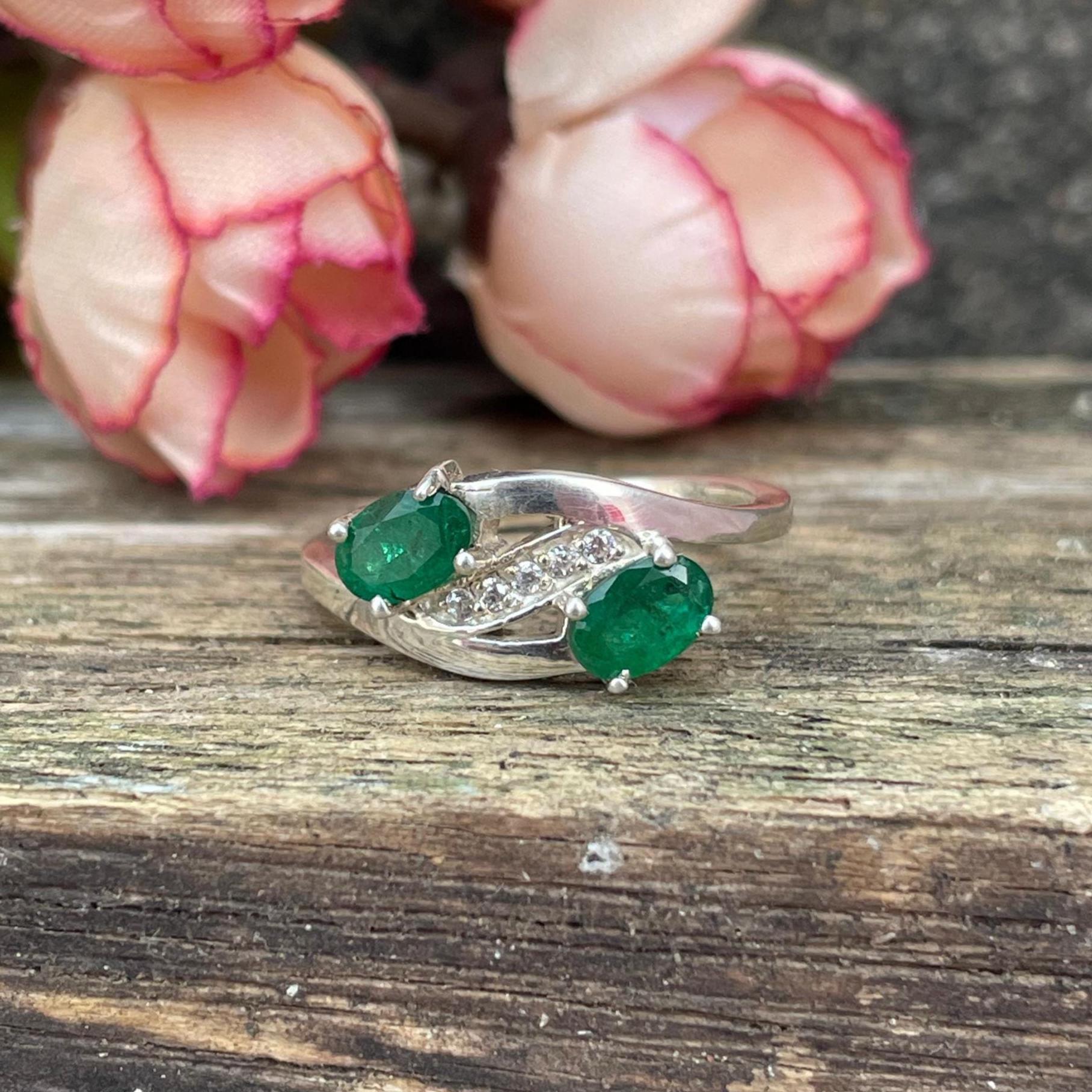 Natural Zambian Emerald Ring 925 Sterling Silver- Double Rich Green Emerald Ring- Oval Gemstone Ring- May Birthstone Jewellery- Gift For Her - Image 3