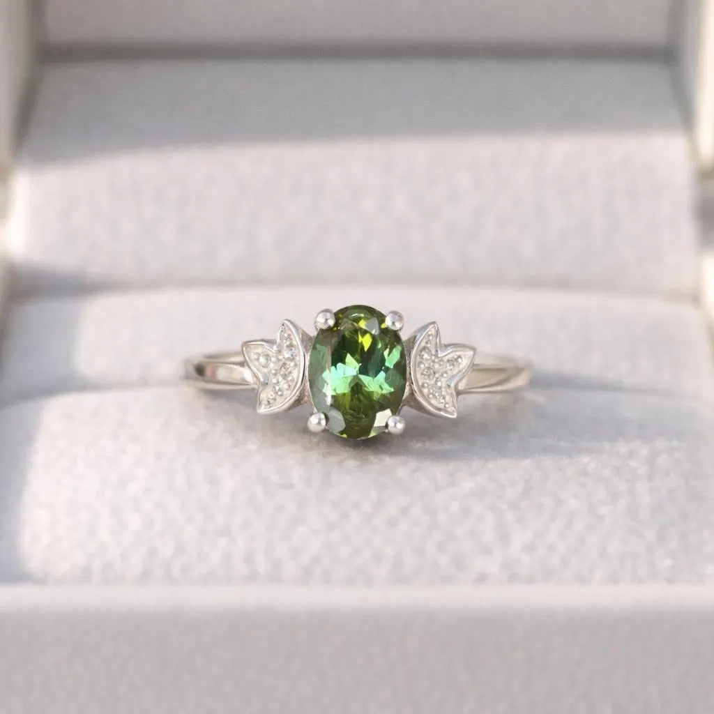 Natural Tourmaline Ring- 92.5 silver sterling Ring- Oval Green Leaf Design Floral Gemstone Ring- Vintage Style Engagement Ring- Gift for Her - Image 3