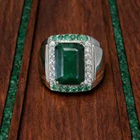 Natural Zambian Emerald CZ Halo Ring For Men- 925 Sterling Silver Ring- Emerald Cut Green Stone Statement Ring- Anniversary Gift For Him