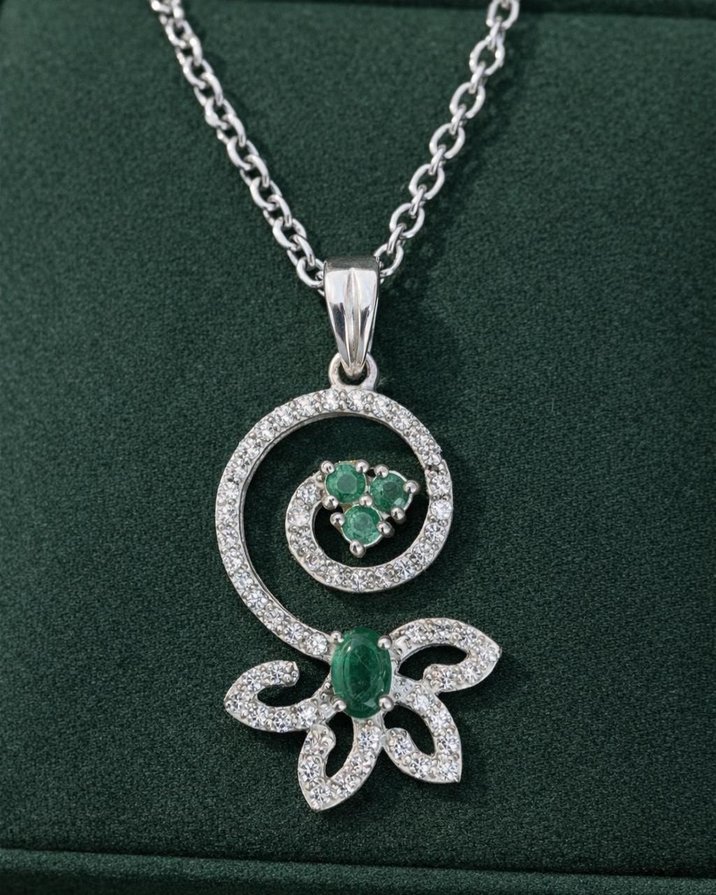 Emerald Sterling Silver Pendant - Swirl Design Gemstone Necklace - Image 2
