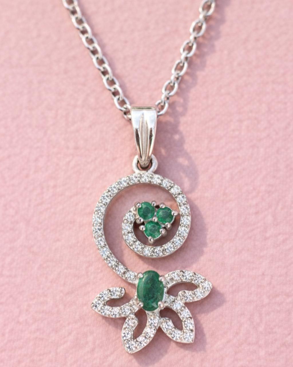 Emerald Sterling Silver Pendant - Swirl Design Gemstone Necklace - Image 3