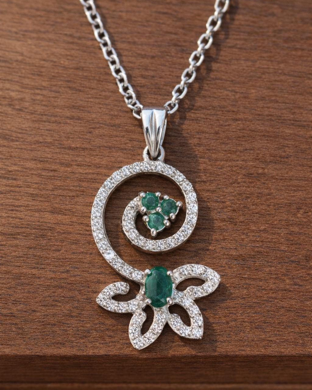Emerald Sterling Silver Pendant - Swirl Design Gemstone Necklace - Image 4