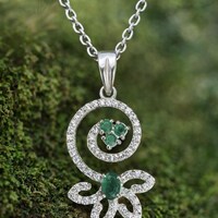 Emerald Sterling Silver Pendant - Swirl Design Gemstone Necklace