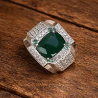 Natural Zambia Emerald CZ Halo Ring For Men- 925 Sterling Silver Ring- Cushion Cut Rich Green Stone Statement Ring- Anniversary Gift For Him