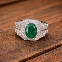 Natural Zambian Emerald CZ Halo Ring For Men- 925 Sterling Silver Ring- Oval Cut Green Stone Statement Ring- Anniversary Gift For Him