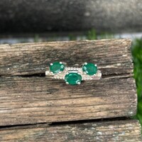 Natural Zambian Emerald Trilogy Ring 925 Sterling Silver- Three Stone Oval Emerald Ring- Anniversary Engagement Jewellery- Classic Ring