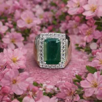 Natural Zambian Emerald CZ Halo Ring For Men- 925 Sterling Silver Ring- Emerald Cut Green Stone Statement Ring- Anniversary Gift For Him