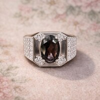 Natural Tourmaline CZ Halo Ring- 925 Sterling Silver- Men's Statement Ring- Oval Cut Silver Ring- Vintage Style Ring