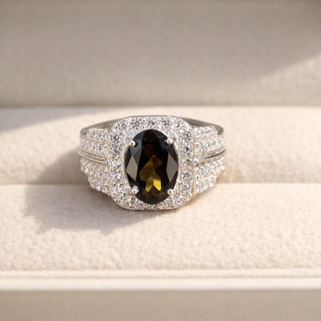Natural Tourmaline CZ Halo Ring- 925 Sterling Silver- Men's Statement Ring- Oval Cut Silver Ring - Image 2
