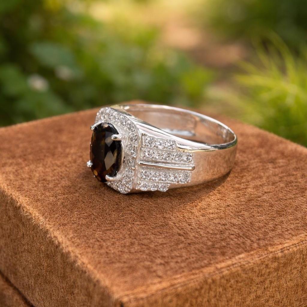 Natural Tourmaline CZ Halo Ring- 925 Sterling Silver- Men's Statement Ring- Oval Cut Silver Ring - Image 3