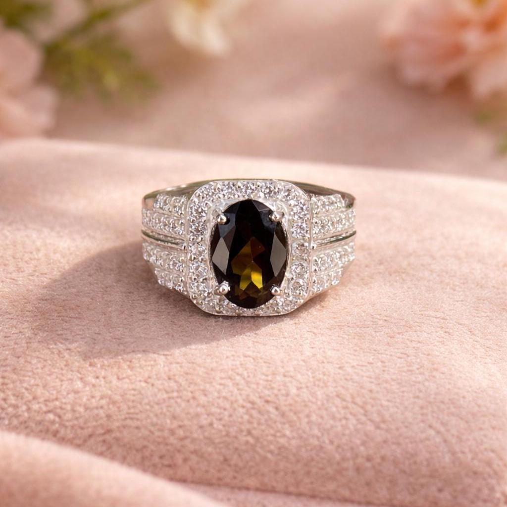 Natural Tourmaline CZ Halo Ring- 925 Sterling Silver- Men's Statement Ring- Oval Cut Silver Ring - Image 4