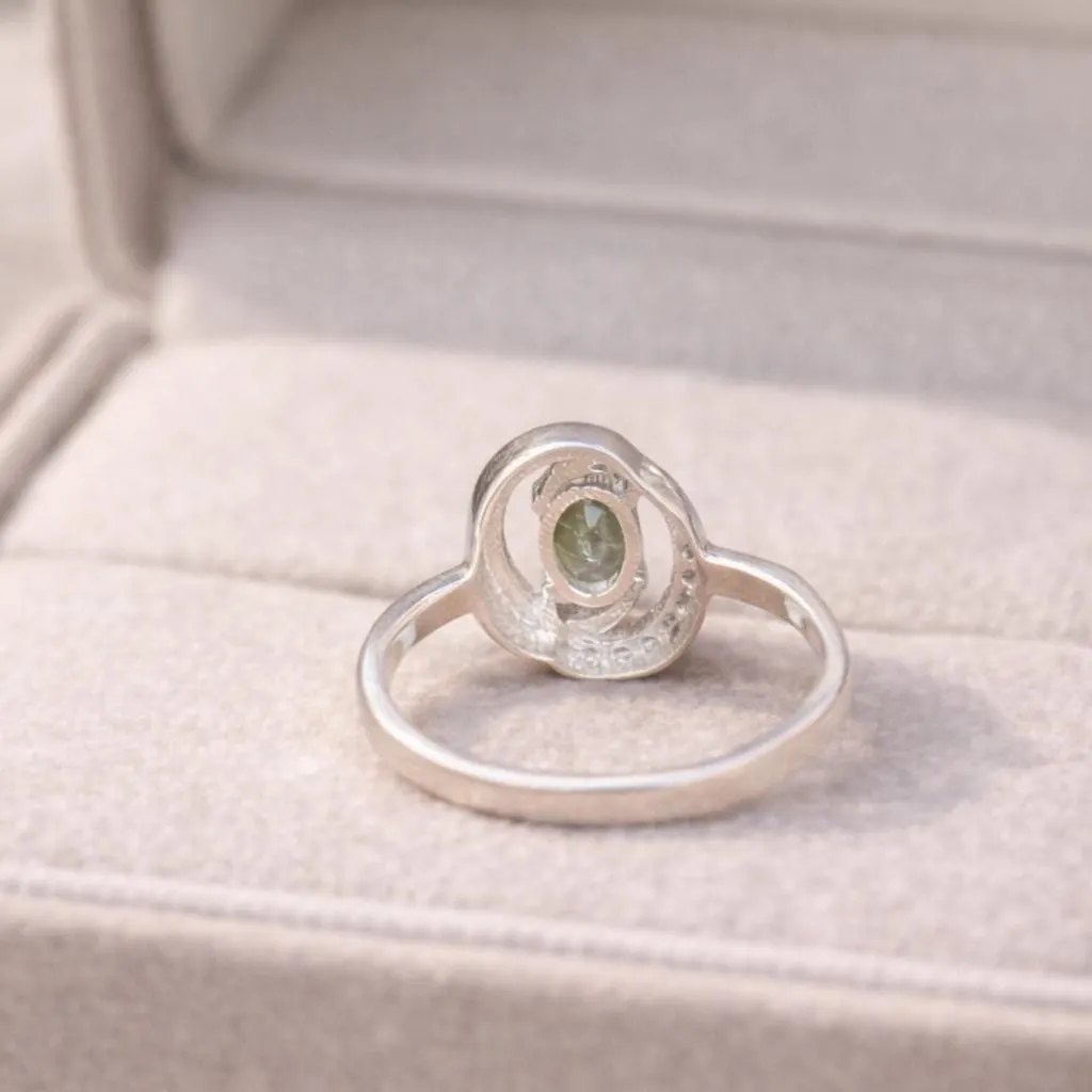 Oval Green Tourmaline Ring – Sterling Silver Swirl Design, Minimalist Jewelry - Image 2