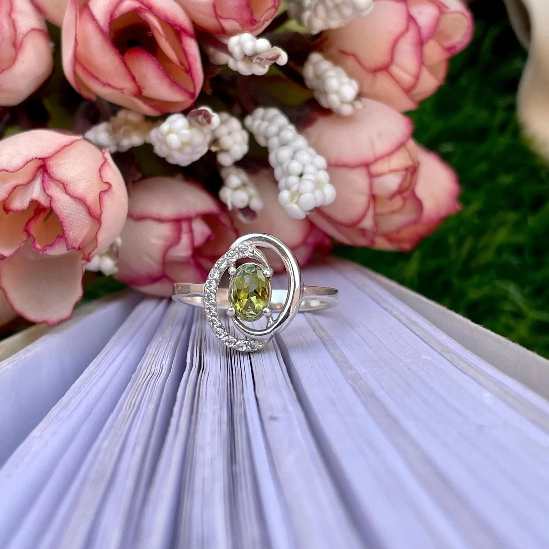 Oval Green Tourmaline Ring – Sterling Silver Swirl Design, Minimalist Jewelry - Image 3