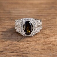Natural Tourmaline CZ Halo Ring- 925 Sterling Silver- Men's Statement Ring- Oval Cut Silver Ring