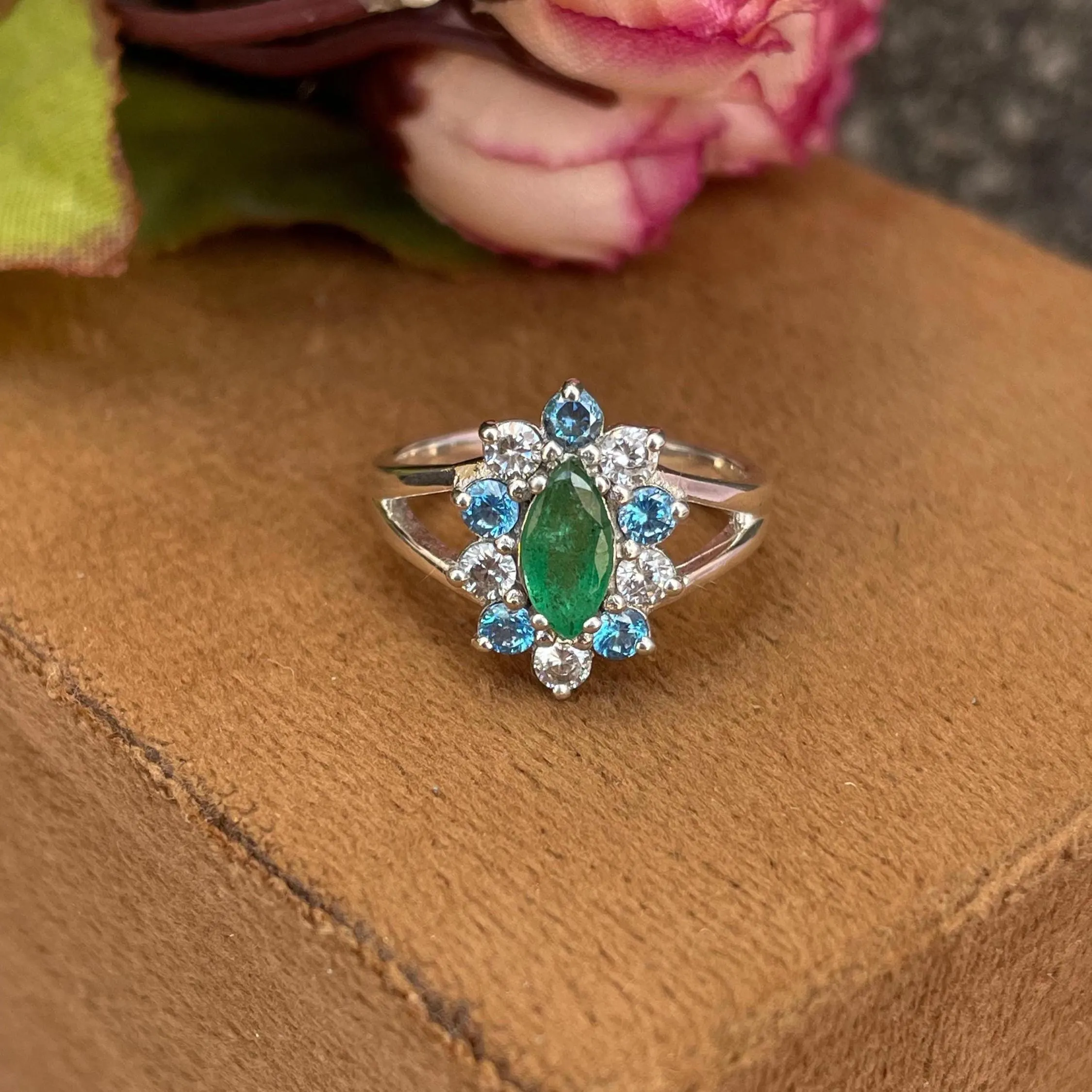 Natural Zambian Emerald Ring 925 Sterling Silver- Marquise Cut Emerald Silver Ring With Blue And White CZ- Vintage Style Engagement Ring - Image 3