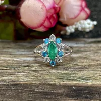 Natural Zambian Emerald Ring 925 Sterling Silver- Marquise Cut Emerald Silver Ring With Blue And White CZ- Vintage Style Engagement Ring