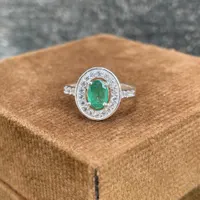 925 Sterling Silver Ring- Natural Zambian Emerald Ring- Vintage Style Vivid Green Gemstone Ring- Halo Emerald Engagement Ring- Gift For Her