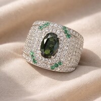 Natural Tourmaline CZ Ring With Emerald Accents- 925 Sterling Silver Ring- Men's Statement Ring- Vintage Style Ring