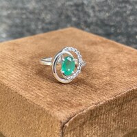 925 Sterling Silver Ring- Natural Zambian Emerald Ring- Oval Cut Gemstone CZ Halo Ring- Elegant Silver Ring- Minimalist Ring For Women