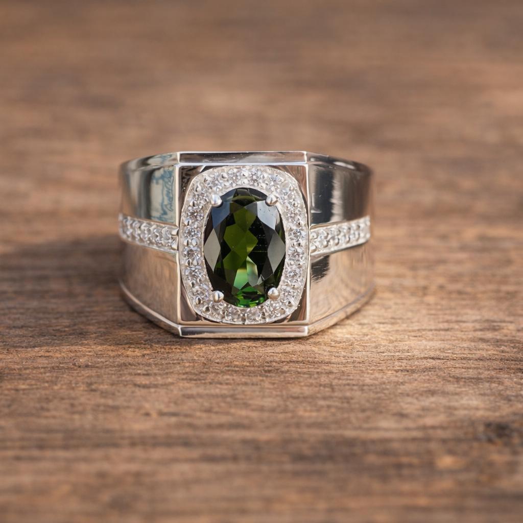 Natural Tourmaline CZ Ring- 925 Sterling Silver Statement Ring- Oval Halo Ring- Men's Ring- Vintage Style Engagement Ring - Image 3
