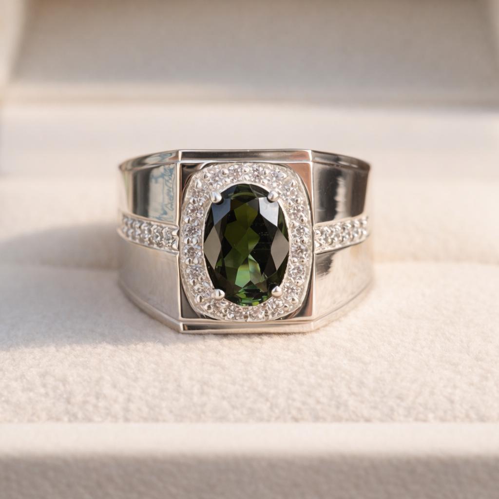 Natural Tourmaline CZ Ring- 925 Sterling Silver Statement Ring- Oval Halo Ring- Men's Ring- Vintage Style Engagement Ring - Image 4