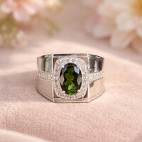 Natural Tourmaline CZ Ring- 925 Sterling Silver Statement Ring- Oval Halo Ring- Men's Ring- Vintage Style Engagement Ring