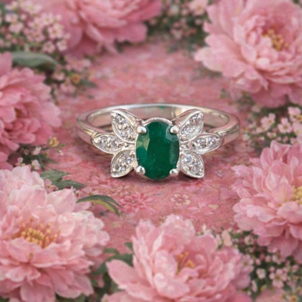 Natural Zambian Emerald Ring-925 Sterling Silver ring- Floral Emerald Ring-Silver Ring For Women- May Birthstone- Oval Green Elegant Ring - Image 4