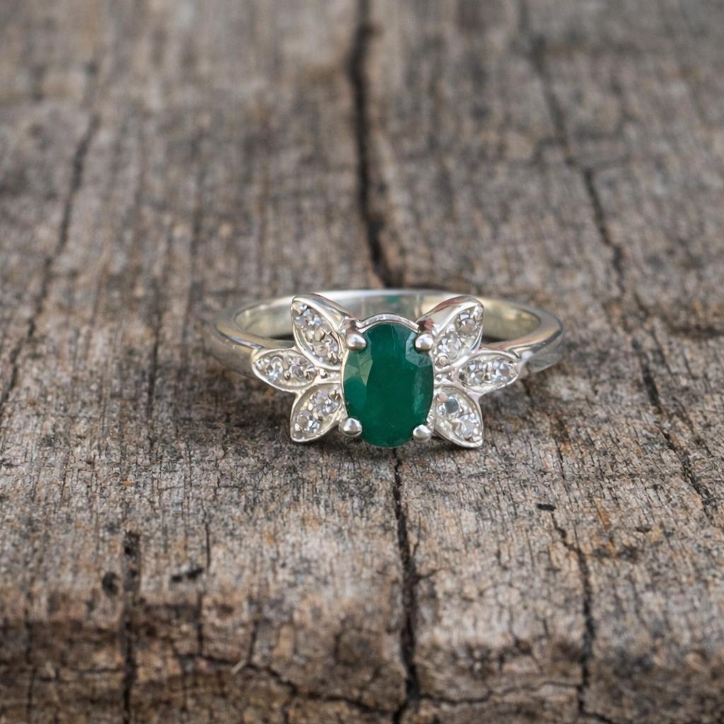 Natural Zambian Emerald Ring-925 Sterling Silver ring- Floral Emerald Ring-Silver Ring For Women- May Birthstone- Oval Green Elegant Ring - Image 3
