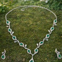 Natural Emerald Necklace Set- Vivid Green Emerald Silver Necklace With Matching Earrings- Elegant Jewellery Set- Nature Inspired Jewellery