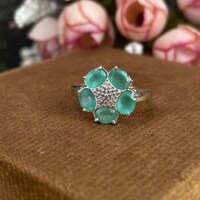92.5 Sterling Silver Floral Ring With Natural Zambian Emerald -Dainty Emerald Cluster Ring -Minimalist Ring - Bluish Green Gemstone-Gift her