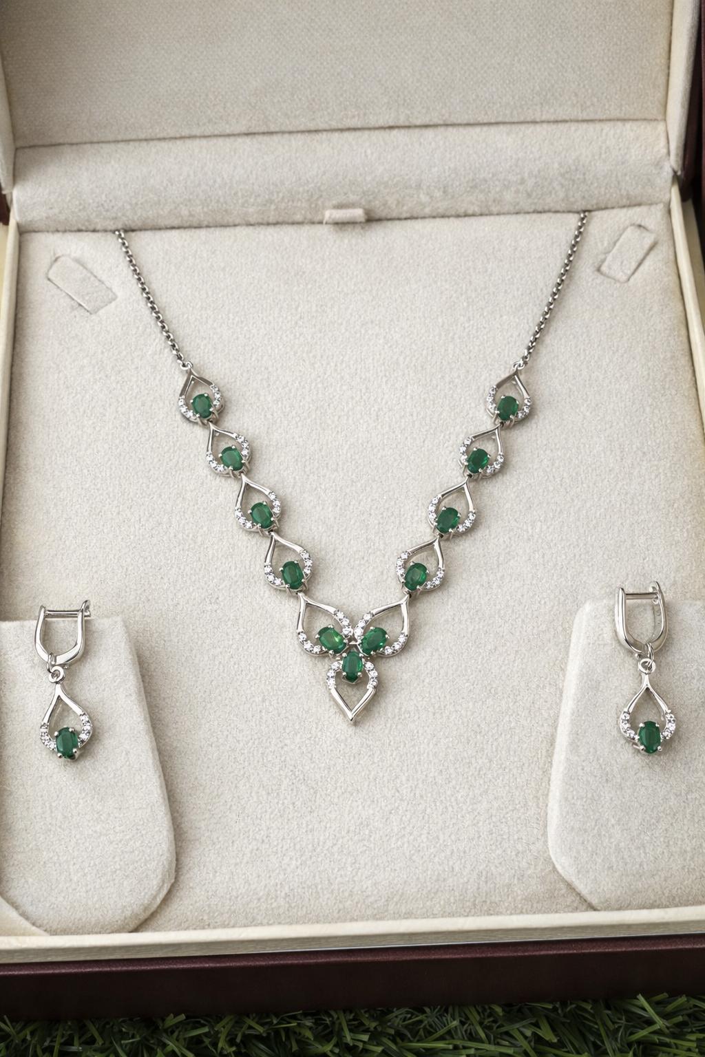 Natural Emerald Necklace Set- Vivid Green Emerald Silver Necklace With Matching Earrings- Elegant Jewellery Set- Anniversary Gift For Her - Image 2