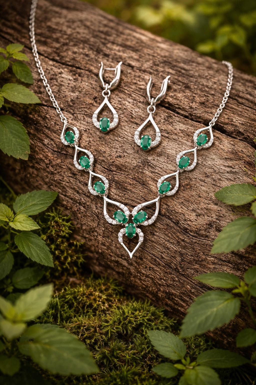 Natural Emerald Necklace Set- Vivid Green Emerald Silver Necklace With Matching Earrings- Elegant Jewellery Set- Anniversary Gift For Her - Image 4