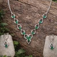Natural Emerald Necklace Set- Vivid  Green Emerald Silver Necklace With Matching Earrings- Elegant Jewellery Set- Anniversary Gift For Her