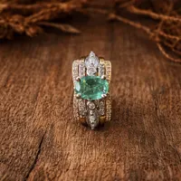Natural Zambian Emerald Ring 925 Sterling Silver- Emerald Engagement Ring - Green Emerald ring with CZ Band- Silver Gold Rose Gold Ring Set