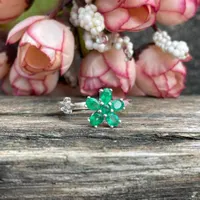 Natural Zambian Emerald Flower Ring 925 Sterling Silver- Floral Cluster Ring- Minimalist May Birthstone Ring- Dainty Silver Ring- Gift Her