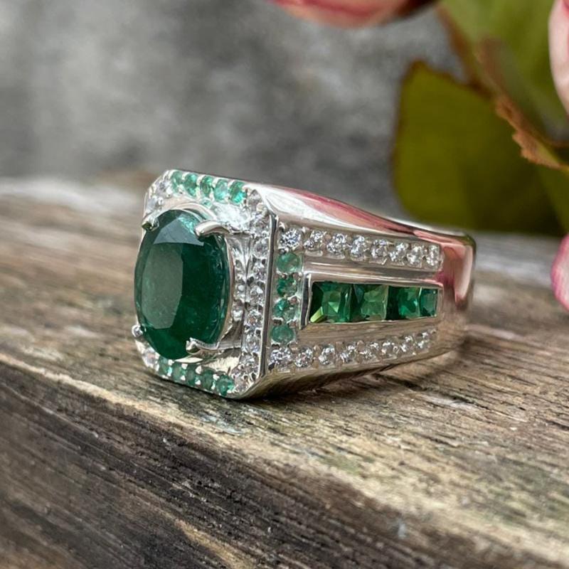 Natural Zambian Emerald With CZ Men's Ring- 925 Sterling Silver Ring- Oval Gemstone Ring- Vintage Style Emerald Engagement Ring- Gift Him - Image 4