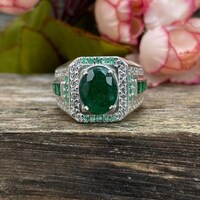 Natural Zambian Emerald With CZ Men's Ring- 925 Sterling Silver Ring- Oval Gemstone Ring- Vintage Style Emerald Engagement Ring- Gift Him