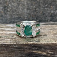 Natural Zambian Emerald With CZ Men's Ring- 925 Sterling Silver Ring- Oval Gemstone Ring- Vintage Style Emerald Engagement Ring- Gift Him