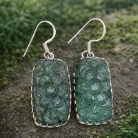 Natural Zambian Emerald Earrings 925 Sterling Silver- Floral Curved Stone Earrings- Anniversary Gift For Her- Vintage Style Jewellery