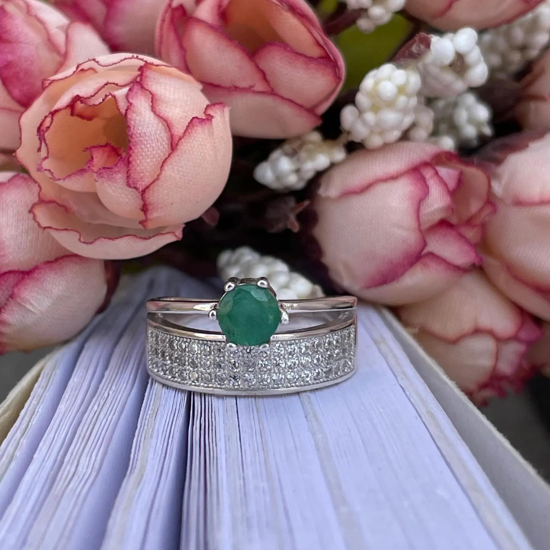 Natural Zambian Emerald Ring 925 Sterling Silver- Elegant Silver Statement ring- May Birthstone Ring- Round Emerald Ring- Anniversary Gift - Image 3