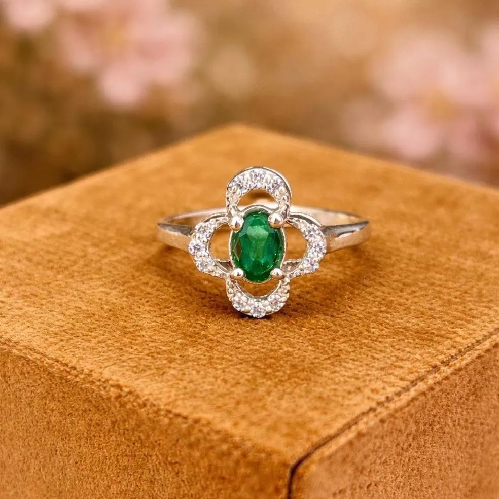 92.5 Sterling Silver In Natural Zambian Emerald Ring- Vintage Floral Design Ring- Classic Engagement Ring- Elegant Jewellery- Gift For Her - Image 3
