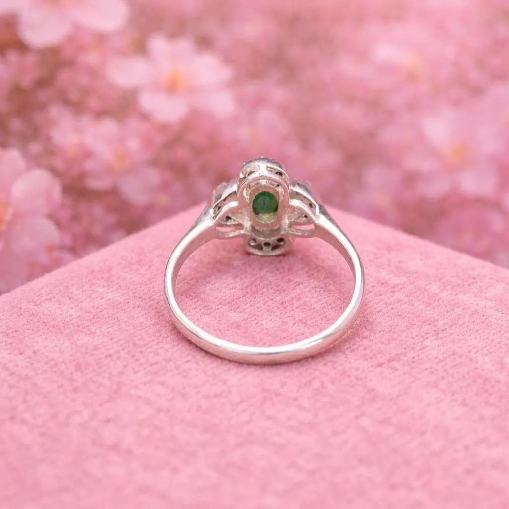 92.5 Sterling Silver In Natural Zambian Emerald Ring- Vintage Floral Design Ring- Classic Engagement Ring- Elegant Jewellery- Gift For Her - Image 2